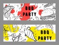 Set of two BBQ party flyers design template. Outline sketch vector hand drawn illustration with different grilled food and colorf